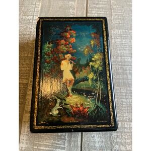 Palekh Russian USSR Hand-Painted Lacquer Trinket Box Signed 6 1/8" x 4" x 1 7/8"